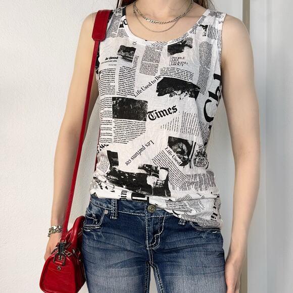 Newspaper Print Black and White Tank Top - Picture 1 of 6